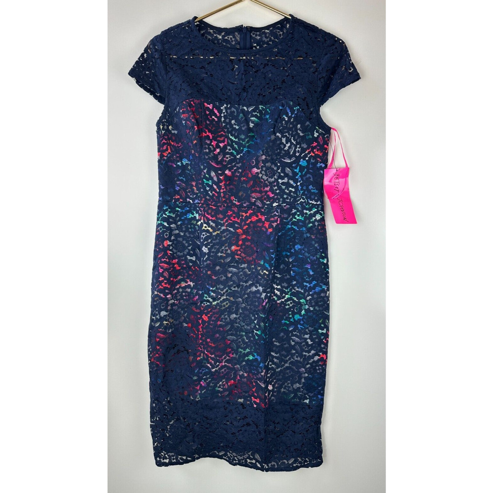 NWT Betsey Johnson Lace Overlay Floral Sheath Dress Navy Floral Women's Size 8 - Picture 2 of 13